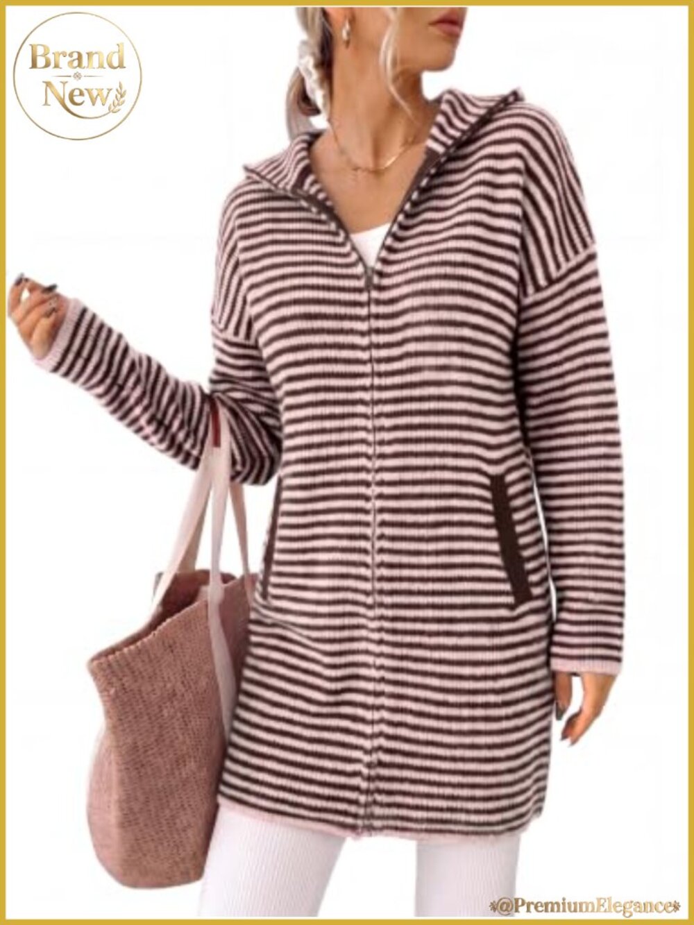 Women's Knit Sweater Dress Zip Up Mock Neck Striped Cardigan Coat